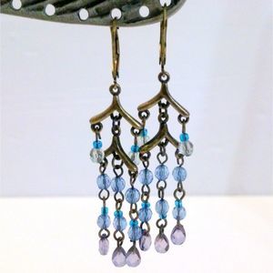 Cookie Lee NWT Brass Tone Blue and Lavender Beaded Chandelier Earrings